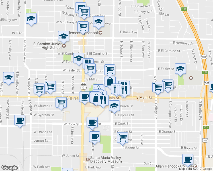 map of restaurants, bars, coffee shops, grocery stores, and more near 301 East Chapel Street in Santa Maria