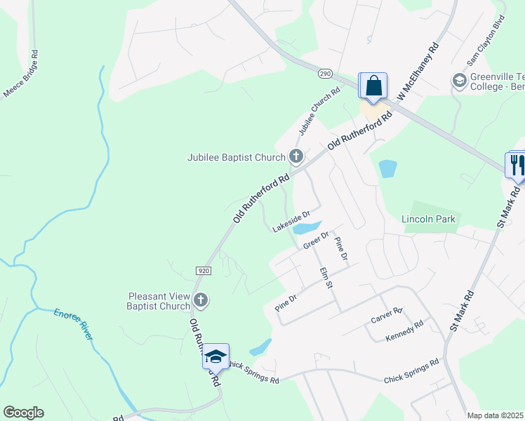map of restaurants, bars, coffee shops, grocery stores, and more near 116 Lakeside Drive in Taylors