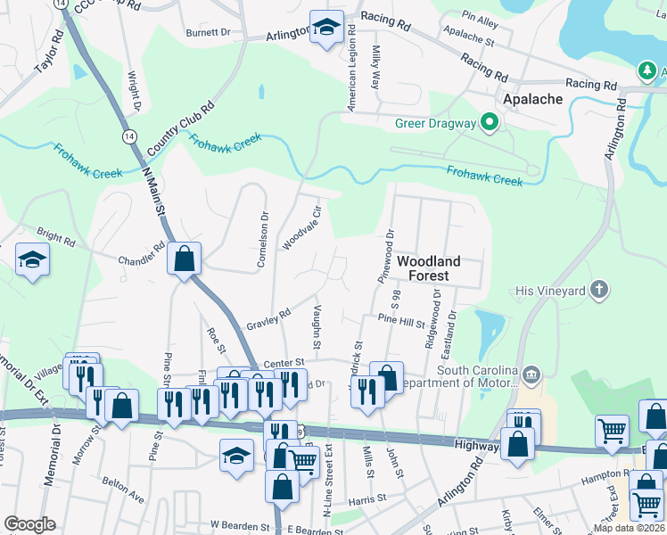 map of restaurants, bars, coffee shops, grocery stores, and more near 612 Forest Creek Circle in Greer