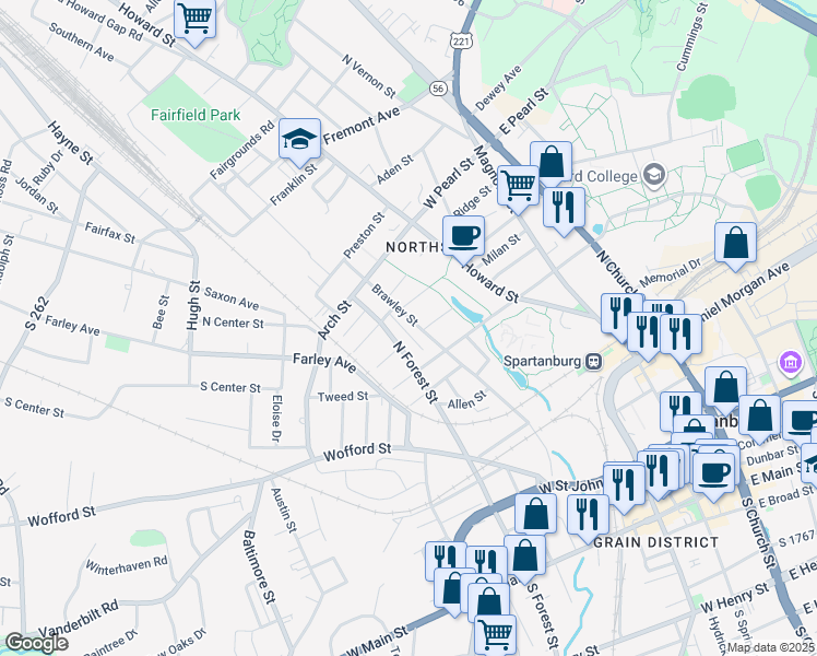 map of restaurants, bars, coffee shops, grocery stores, and more near 525 North Forest Street in Spartanburg