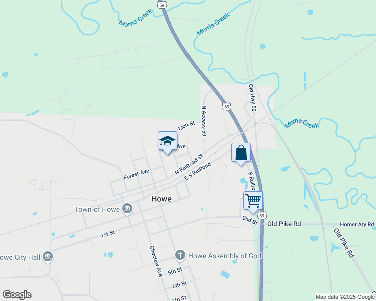 map of restaurants, bars, coffee shops, grocery stores, and more near North Railroad Street in Howe