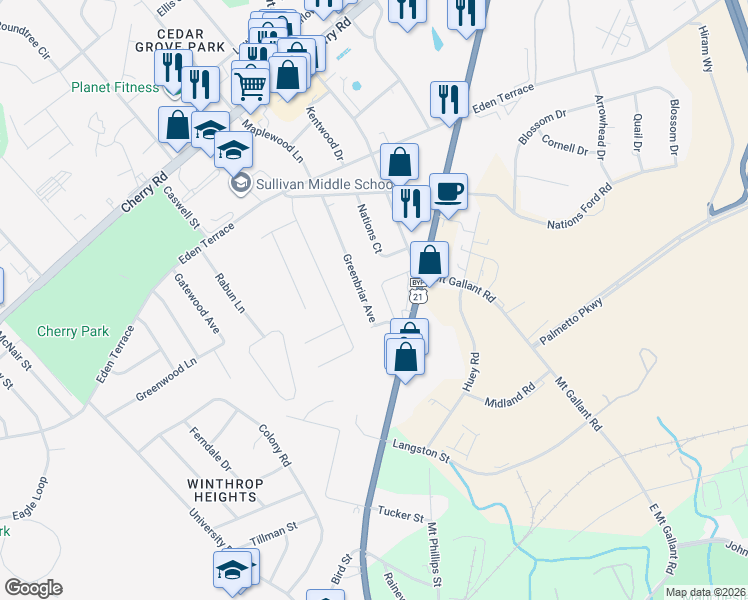 map of restaurants, bars, coffee shops, grocery stores, and more near 622 Greenbriar Avenue in Rock Hill