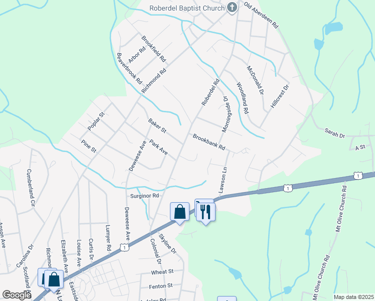 map of restaurants, bars, coffee shops, grocery stores, and more near 410 Roberdell Road in Rockingham