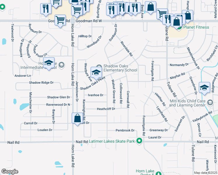 map of restaurants, bars, coffee shops, grocery stores, and more near 6450 Sandhurst Road in Horn Lake