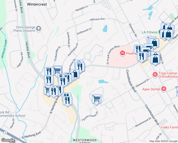 map of restaurants, bars, coffee shops, grocery stores, and more near 1081 Kensington Square in Rock Hill