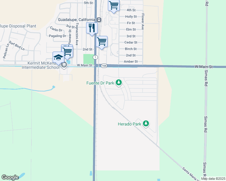 map of restaurants, bars, coffee shops, grocery stores, and more near 4560 Del Mar Drive in Guadalupe