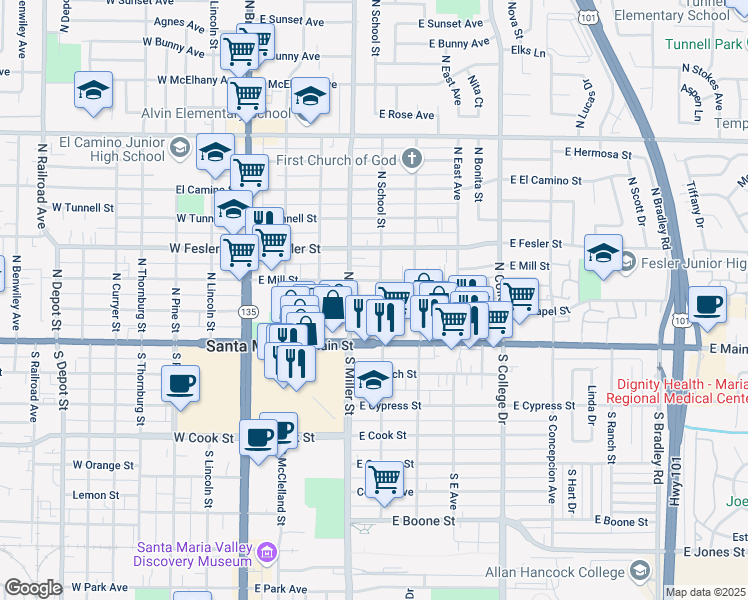 map of restaurants, bars, coffee shops, grocery stores, and more near 425 East Chapel Street in Santa Maria