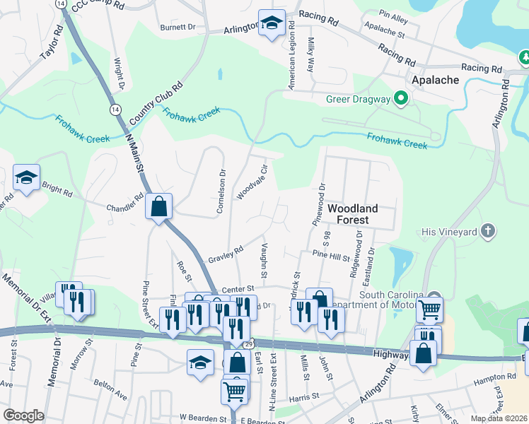 map of restaurants, bars, coffee shops, grocery stores, and more near 4 Mossy Oak Lane in Greer