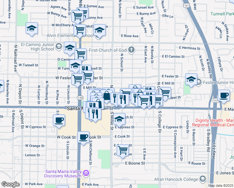 map of restaurants, bars, coffee shops, grocery stores, and more near 421 East Chapel Street in Santa Maria