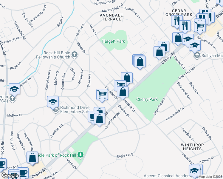 map of restaurants, bars, coffee shops, grocery stores, and more near 1048 Chandler Drive in Rock Hill