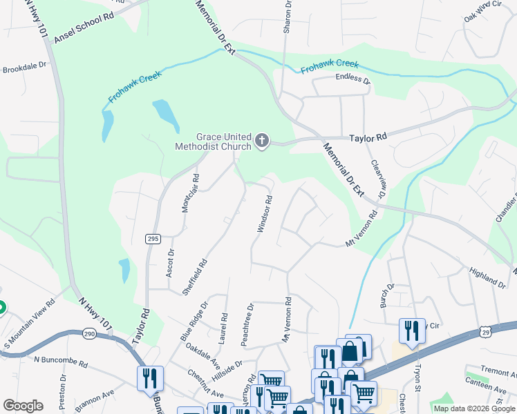 map of restaurants, bars, coffee shops, grocery stores, and more near 215 Windsor Road in Greer