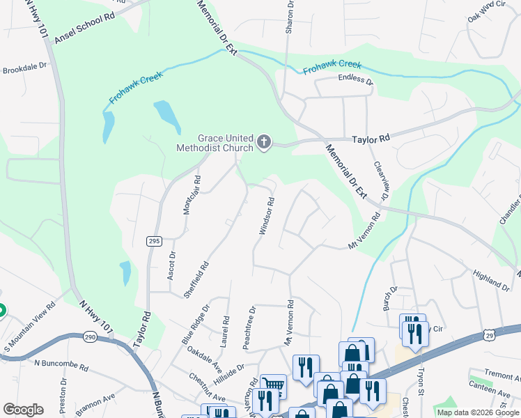 map of restaurants, bars, coffee shops, grocery stores, and more near 215 Windsor Road in Greer