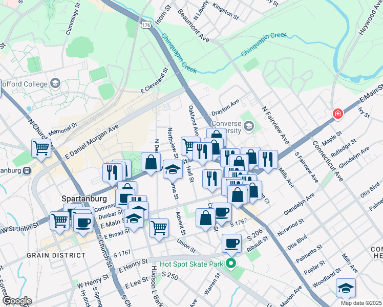 map of restaurants, bars, coffee shops, grocery stores, and more near 394 East Saint John Street in Spartanburg