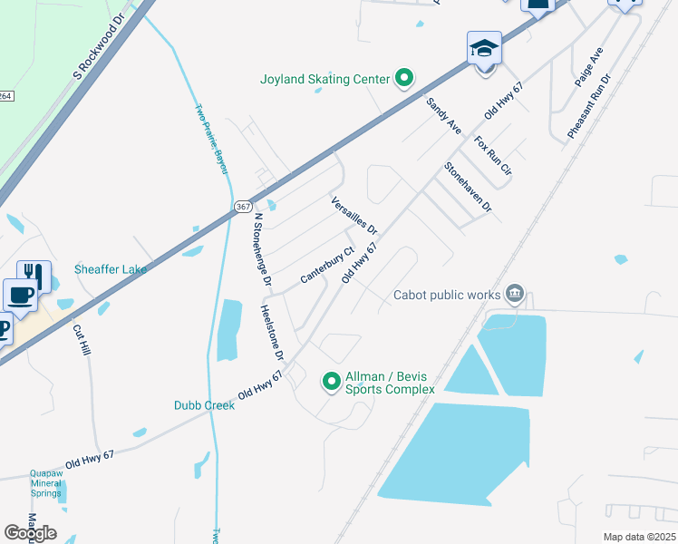 map of restaurants, bars, coffee shops, grocery stores, and more near 2403 Canterbury Cove in Cabot