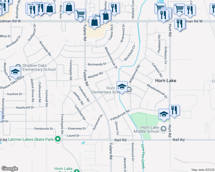 map of restaurants, bars, coffee shops, grocery stores, and more near 3029 Greenbriar Cove West in Horn Lake