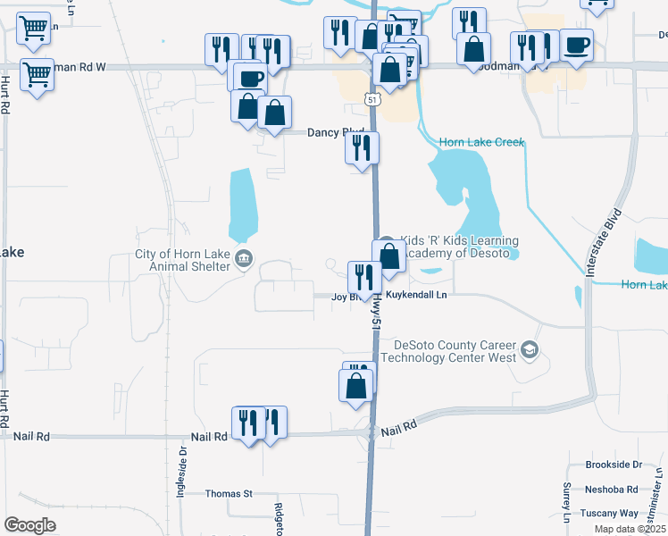 map of restaurants, bars, coffee shops, grocery stores, and more near 1600 U.S. 51 in Horn Lake