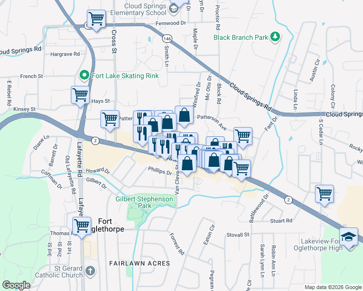 map of restaurants, bars, coffee shops, grocery stores, and more near 296 Van Cleve Street in Fort Oglethorpe
