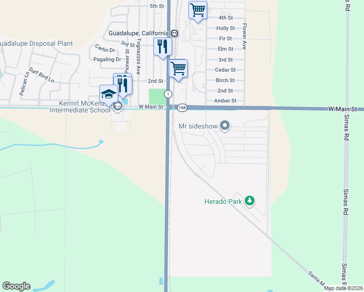 map of restaurants, bars, coffee shops, grocery stores, and more near 211 Las Flores Drive in Guadalupe