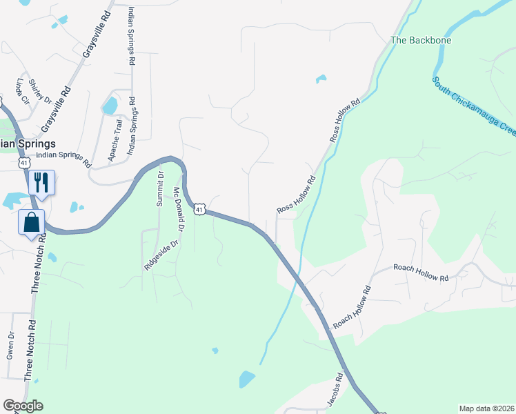 map of restaurants, bars, coffee shops, grocery stores, and more near 46 New Summit Hill Road in Ringgold