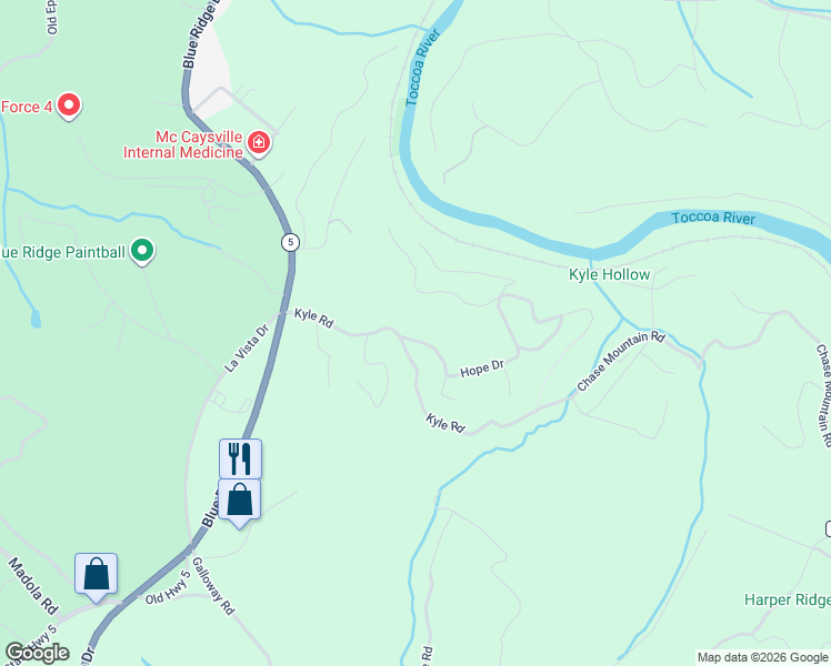 map of restaurants, bars, coffee shops, grocery stores, and more near 103 Hope Drive in Mineral Bluff