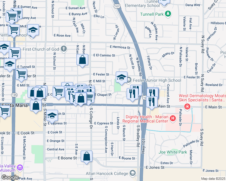 map of restaurants, bars, coffee shops, grocery stores, and more near 203 Knights Lane in Santa Maria