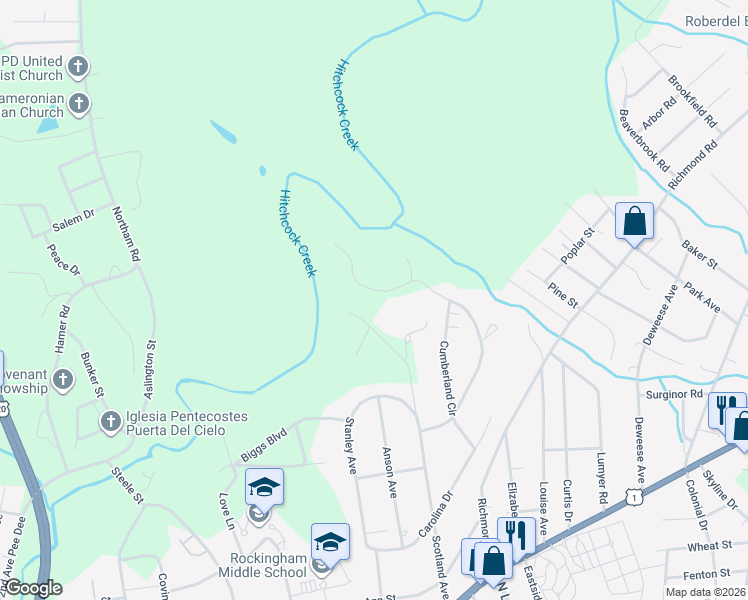map of restaurants, bars, coffee shops, grocery stores, and more near 817 Williamsburg Dr in Rockingham