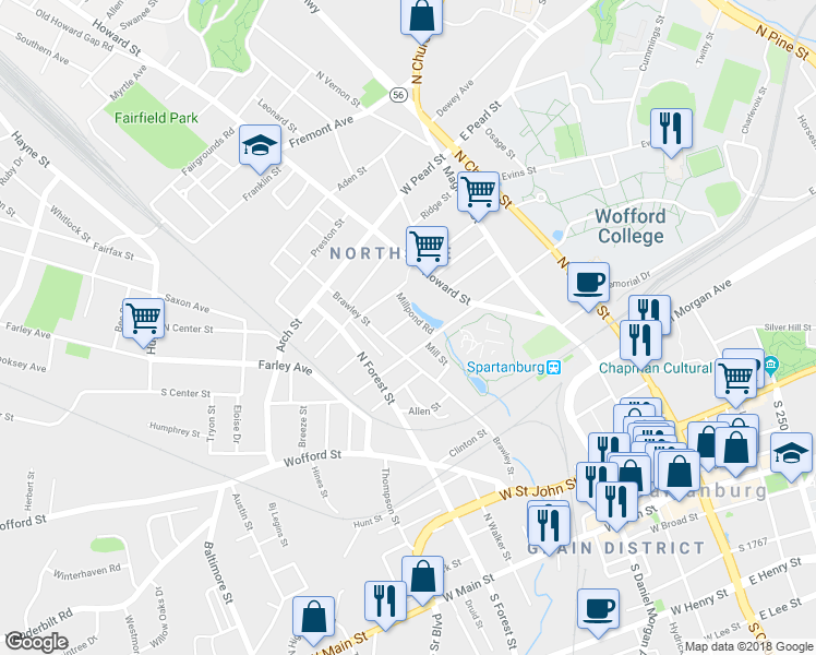 map of restaurants, bars, coffee shops, grocery stores, and more near 281 Manning Street in Spartanburg