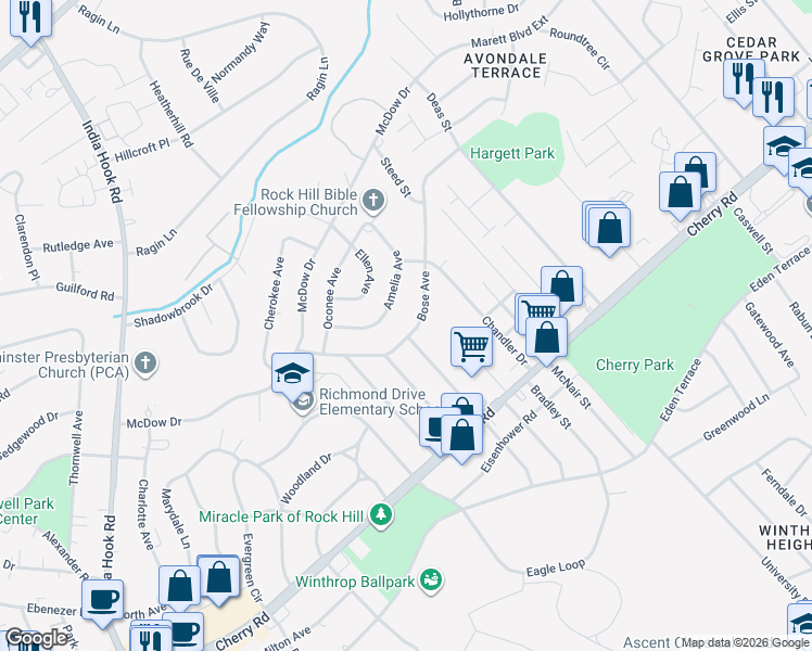 map of restaurants, bars, coffee shops, grocery stores, and more near 1155 Bose Avenue in Rock Hill