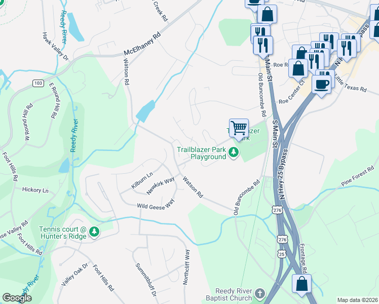 map of restaurants, bars, coffee shops, grocery stores, and more near 400 Trailblazer Drive in Travelers Rest
