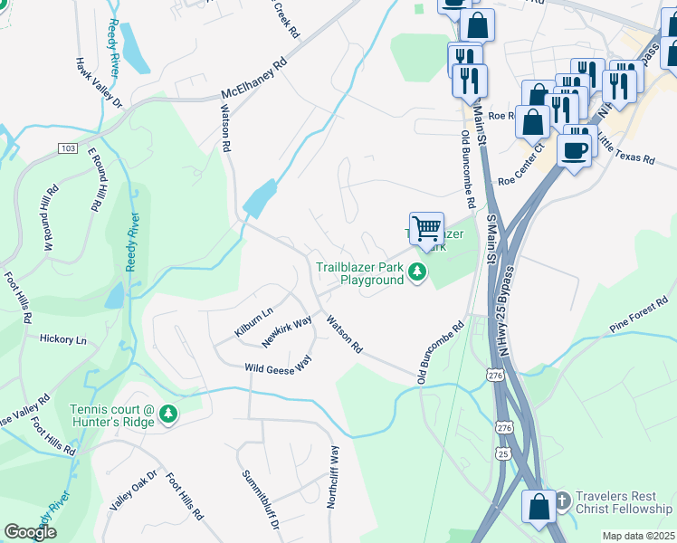 map of restaurants, bars, coffee shops, grocery stores, and more near 400 Trailblazer Drive in Travelers Rest