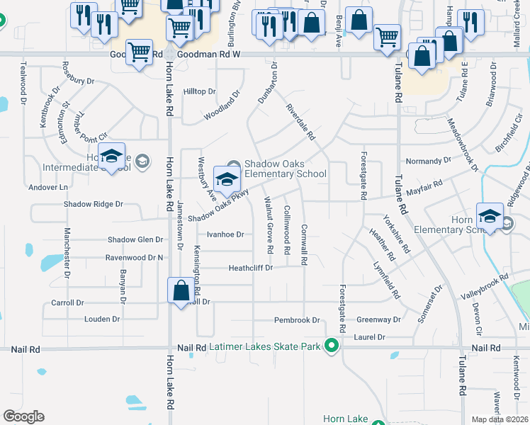 map of restaurants, bars, coffee shops, grocery stores, and more near 6450 Sandhurst Road in Horn Lake