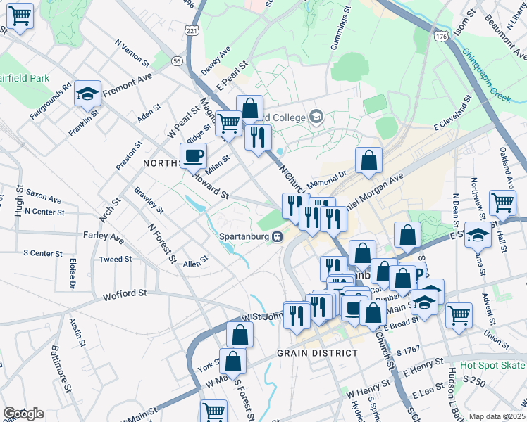 map of restaurants, bars, coffee shops, grocery stores, and more near 300 Howard Street in Spartanburg