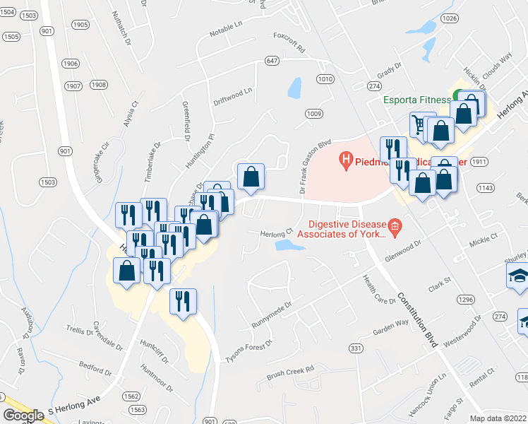 map of restaurants, bars, coffee shops, grocery stores, and more near 283 South Herlong Avenue in Rock Hill