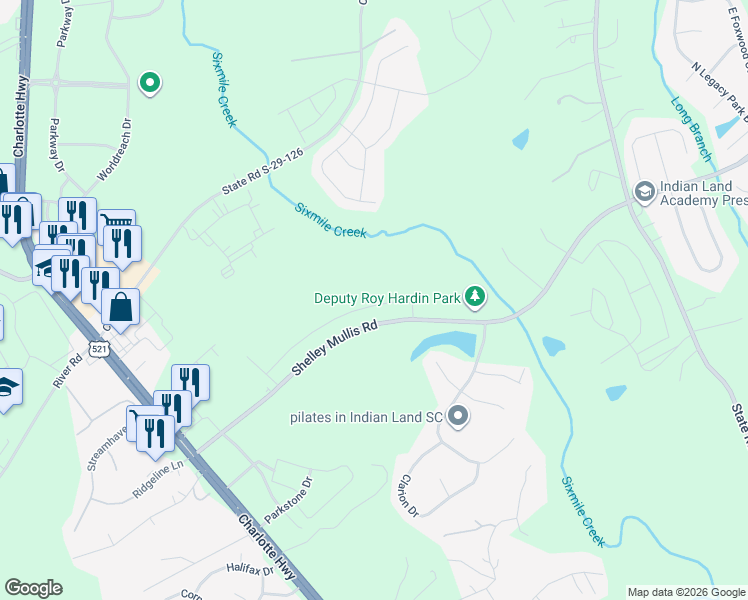 map of restaurants, bars, coffee shops, grocery stores, and more near 8258 Shelley Mullis Road in Fort Mill