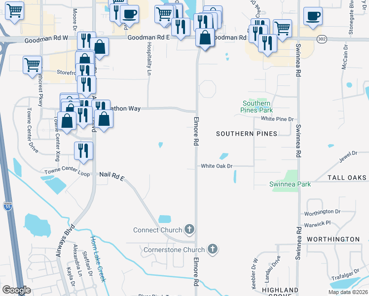 map of restaurants, bars, coffee shops, grocery stores, and more near 6305 Elmore Road in Southaven