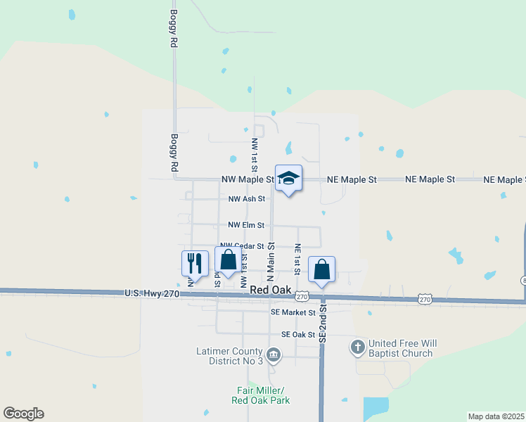 map of restaurants, bars, coffee shops, grocery stores, and more near in Red Oak