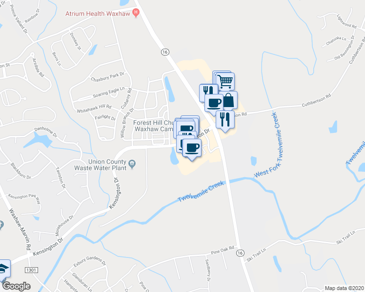map of restaurants, bars, coffee shops, grocery stores, and more near 8133 Kensington Drive in Waxhaw