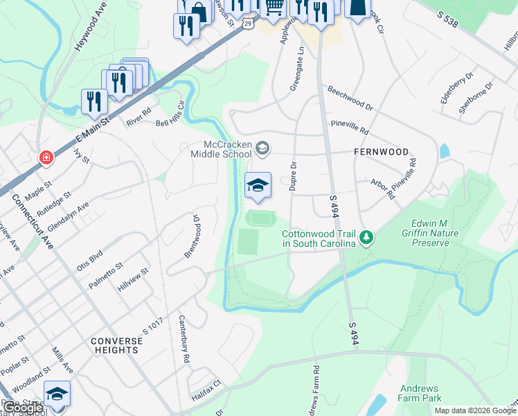 map of restaurants, bars, coffee shops, grocery stores, and more near 500 Dupre Drive in Spartanburg