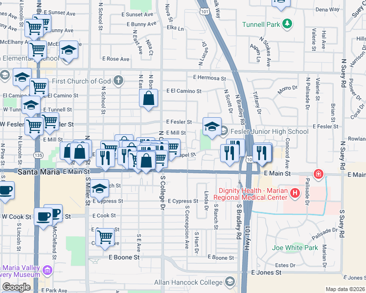 map of restaurants, bars, coffee shops, grocery stores, and more near 844 Castle Lane in Santa Maria