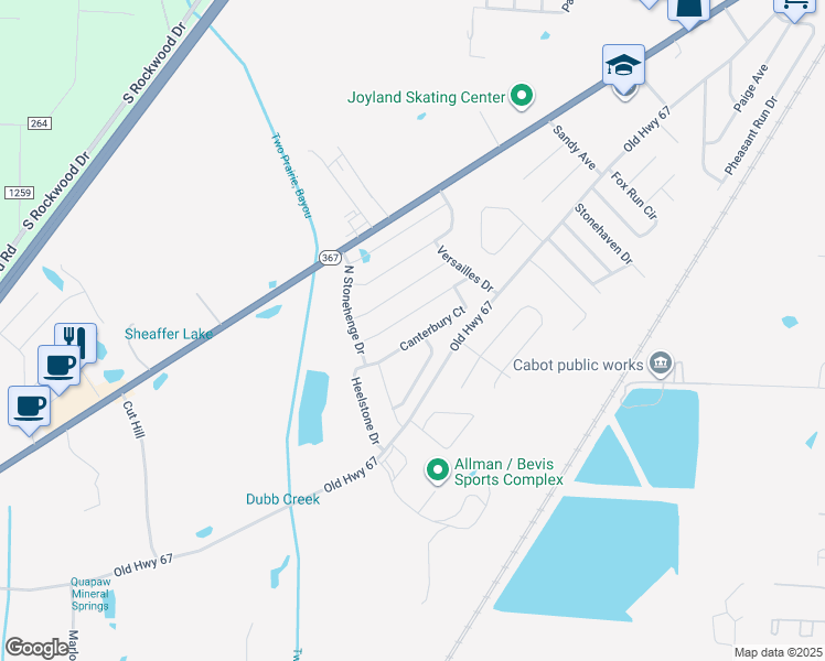 map of restaurants, bars, coffee shops, grocery stores, and more near 20 Stonehenge Drive in Cabot