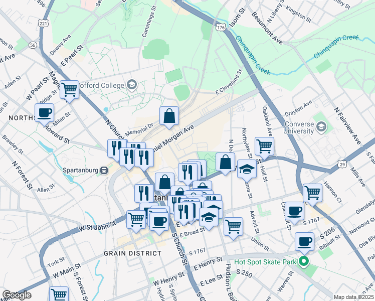 map of restaurants, bars, coffee shops, grocery stores, and more near 260 North Converse Street in Spartanburg