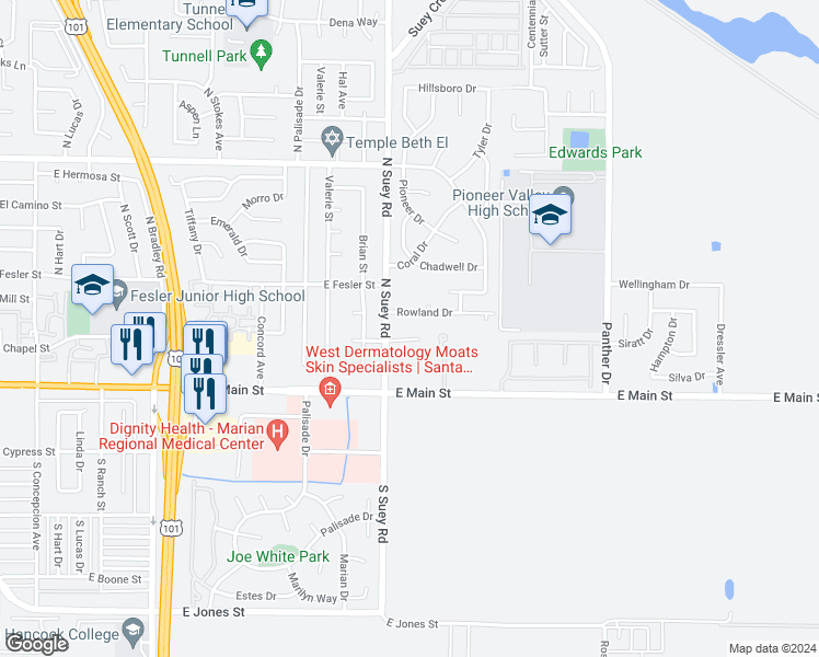 map of restaurants, bars, coffee shops, grocery stores, and more near 1624 Jonathan Place in Santa Maria