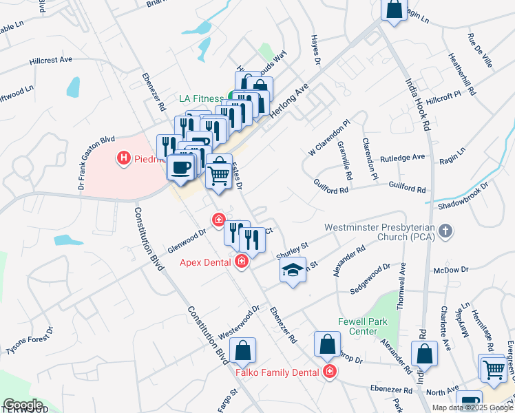 map of restaurants, bars, coffee shops, grocery stores, and more near 1578 Estes Court in Rock Hill