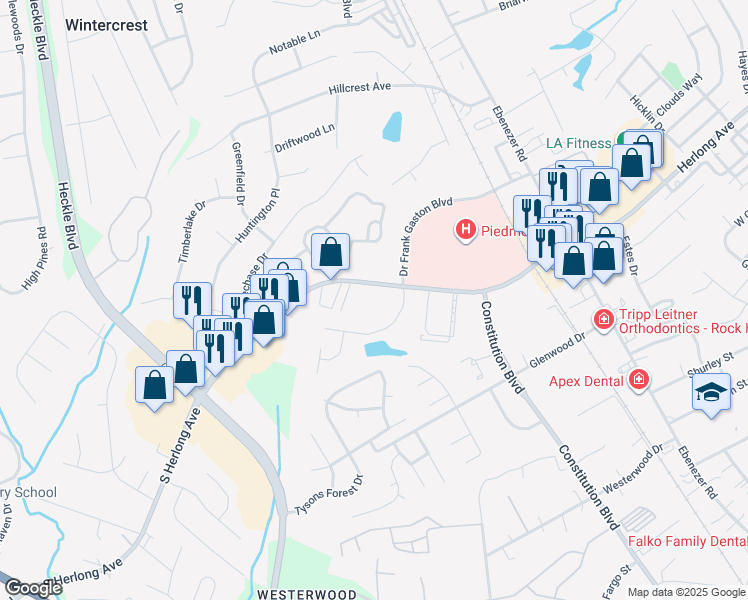 map of restaurants, bars, coffee shops, grocery stores, and more near 1500-1662 Herlong Court in Rock Hill