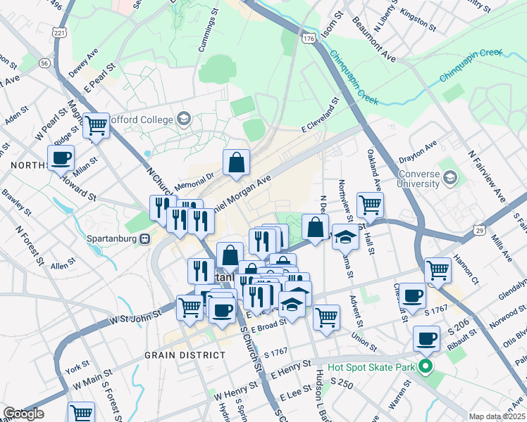 map of restaurants, bars, coffee shops, grocery stores, and more near 260 North Converse Street in Spartanburg