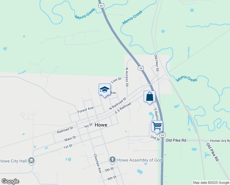 map of restaurants, bars, coffee shops, grocery stores, and more near North Railroad Street in Howe
