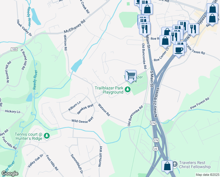 map of restaurants, bars, coffee shops, grocery stores, and more near 2 Southcreek Drive in Travelers Rest