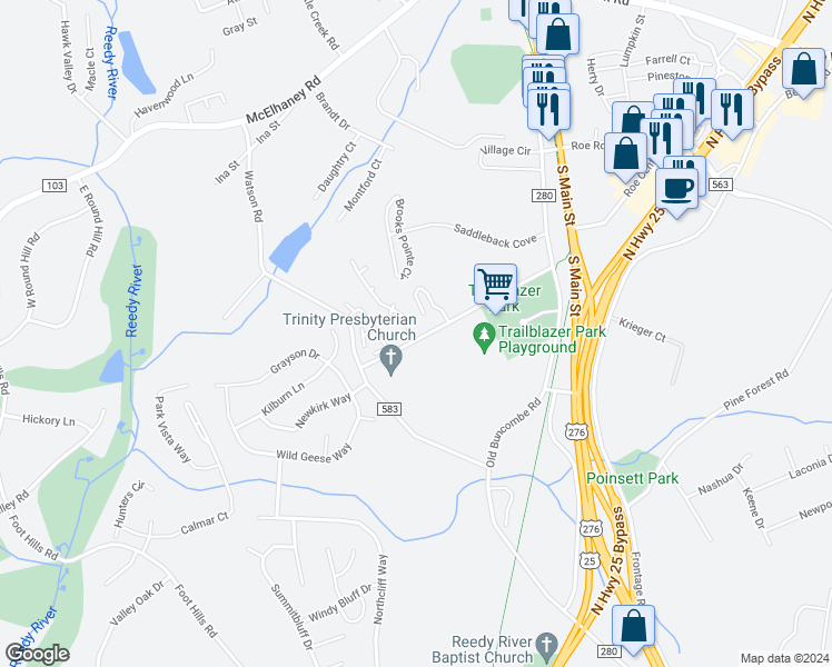 map of restaurants, bars, coffee shops, grocery stores, and more near 2 Southcreek Drive in Travelers Rest