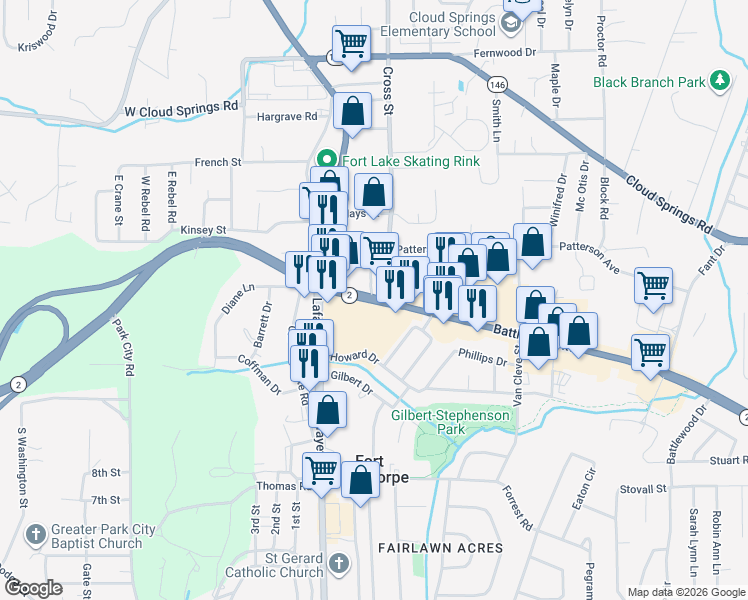 map of restaurants, bars, coffee shops, grocery stores, and more near 500 Battlefield Parkway in Fort Oglethorpe