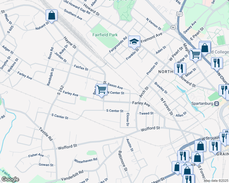 map of restaurants, bars, coffee shops, grocery stores, and more near 594 North Center Street in Spartanburg